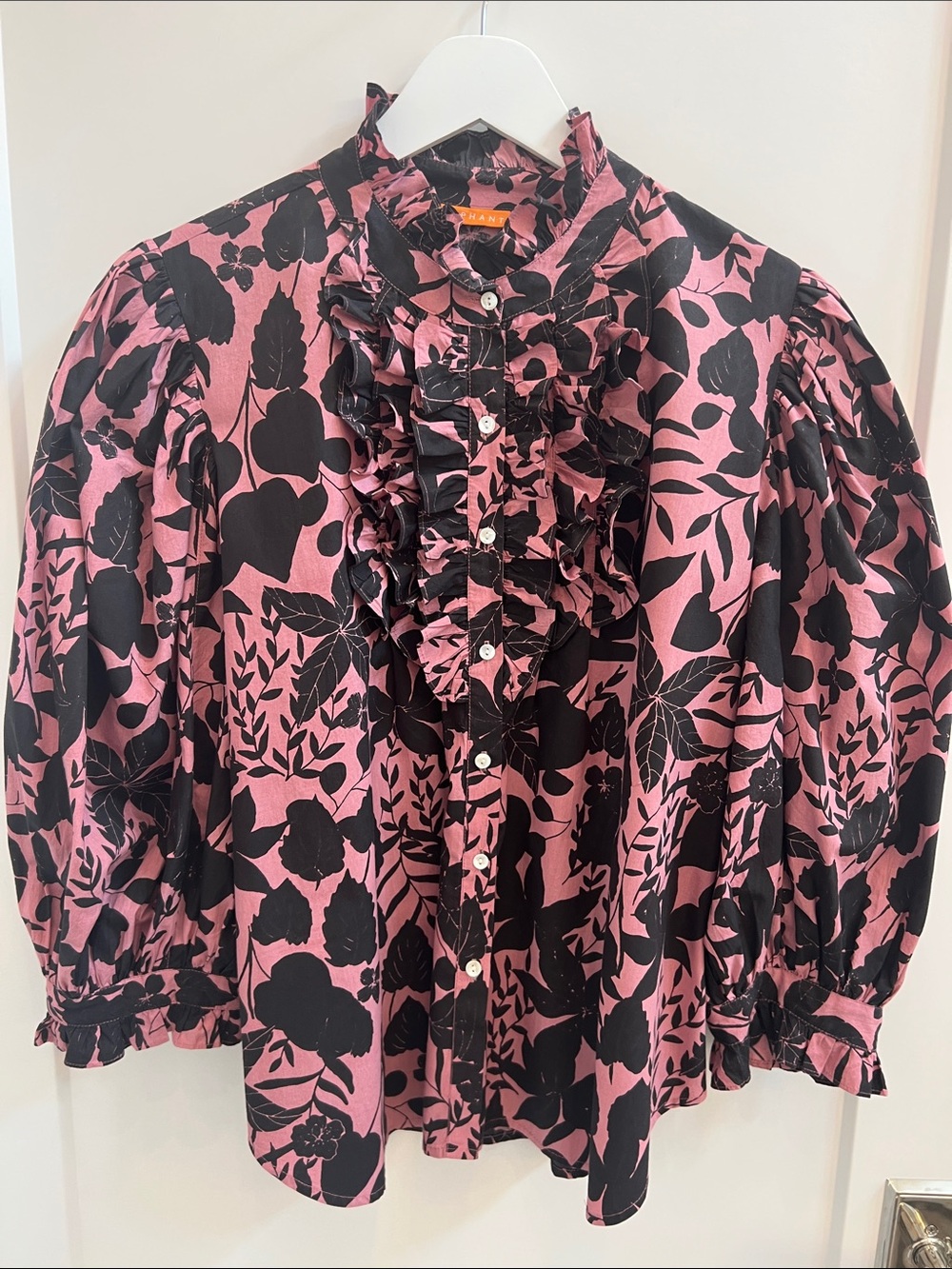 Oliphant Pink and Black Floral Ruffle Front Blouse